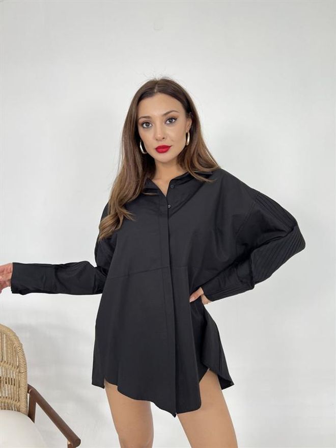 Umay Camisa Negra Oversize Casual Formal Abotonada Ropa al por mayor Modesto