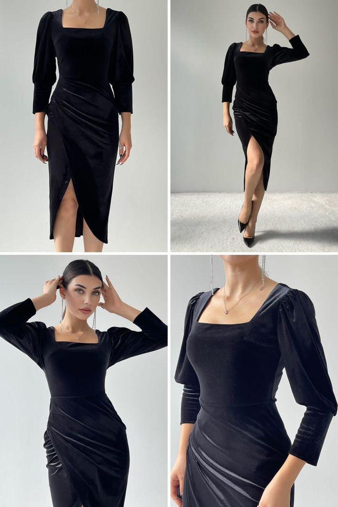 Umay Μαύρο Κομψό Φόρεμα Bodycon Με Φουσκωτά Μανίκια Χονδρικό εμπόριο ενδυμάτων Σοδειά