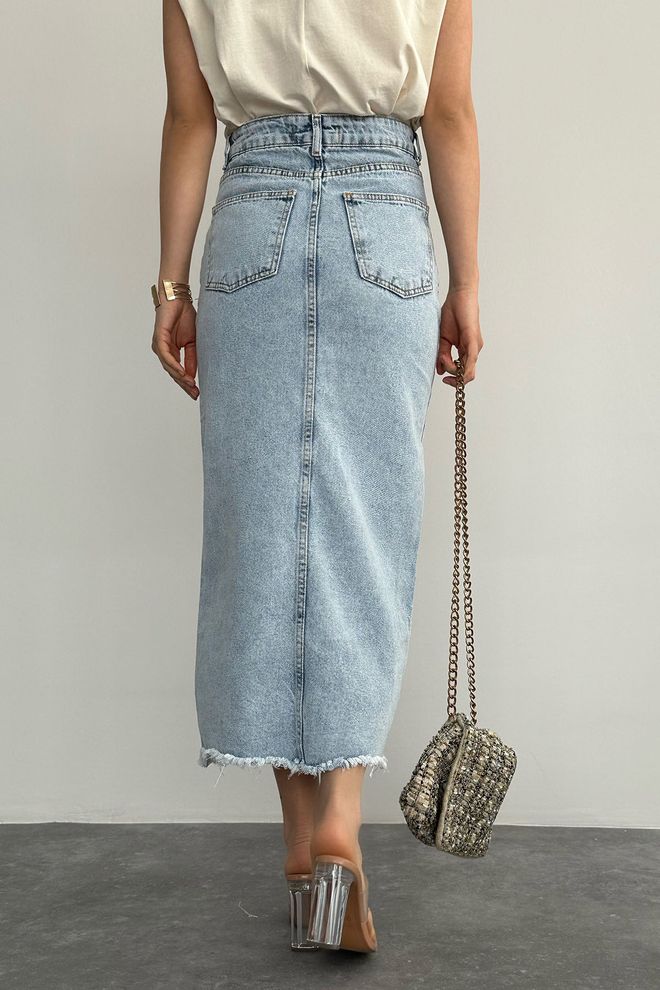 Umay Gonna Pencil Midi Blu A Vita Alta Con Tasca Applicata E Bottoni Abbigliamento all'ingrosso Casuale