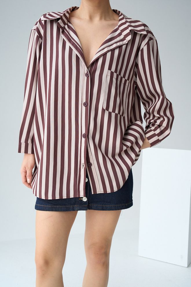 Umay Brown Oversized Striped Casual Shirt Wholesale Clothing 1