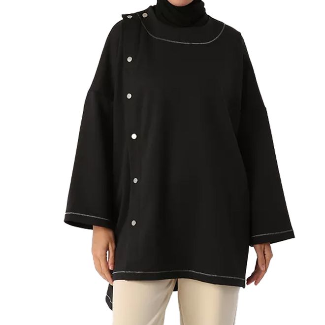 Velvet Μαύρη Σεμνή Oversized Τουνίκ Με Ψηλή Λαιμόκοψη Χονδρικό εμπόριο ενδυμάτων Απλό
