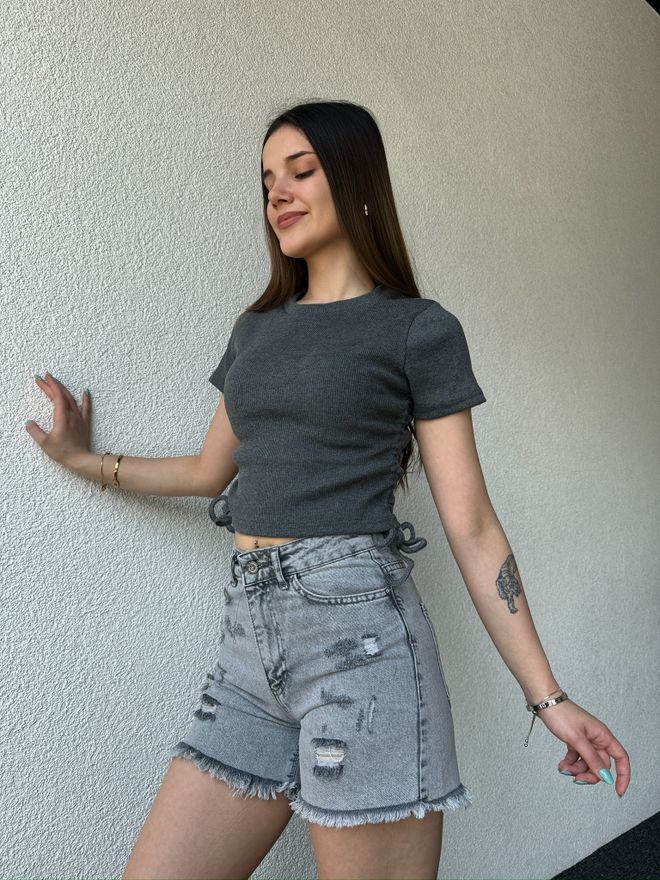 Velvet Grijs Casual Streetwear Crop Top Groothandel Kleding Casual