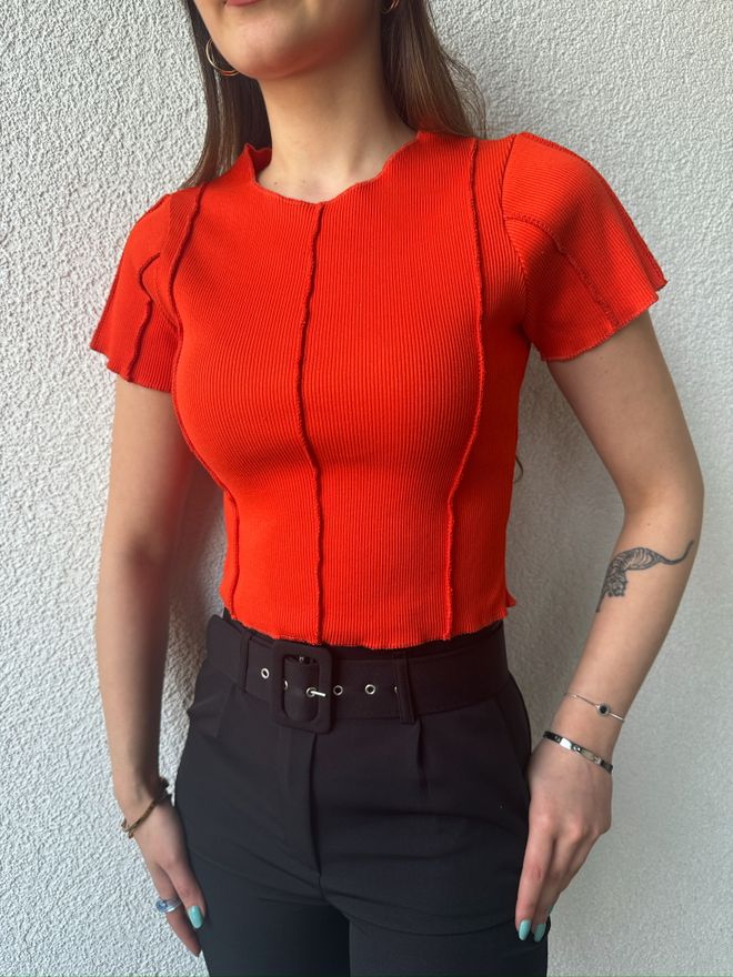 Velvet Oranje Crop Top Slim Fit Met Ronde Nek Groothandel Kleding Casual