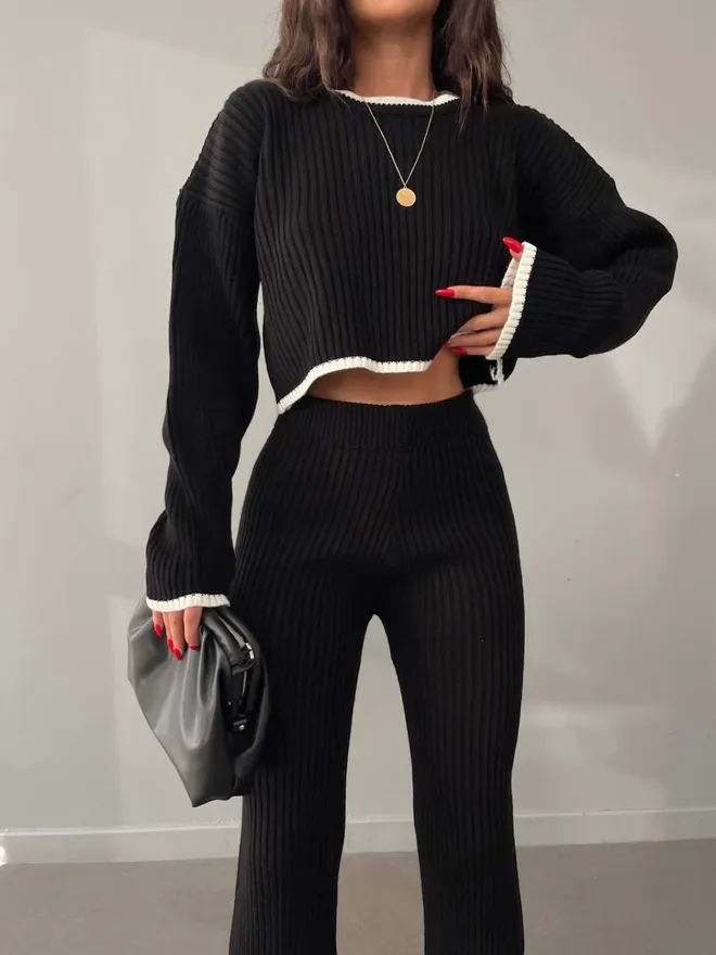 Velvet Conjunto Negro Casual Con Pierna Acampanada Ropa al por mayor Casual
