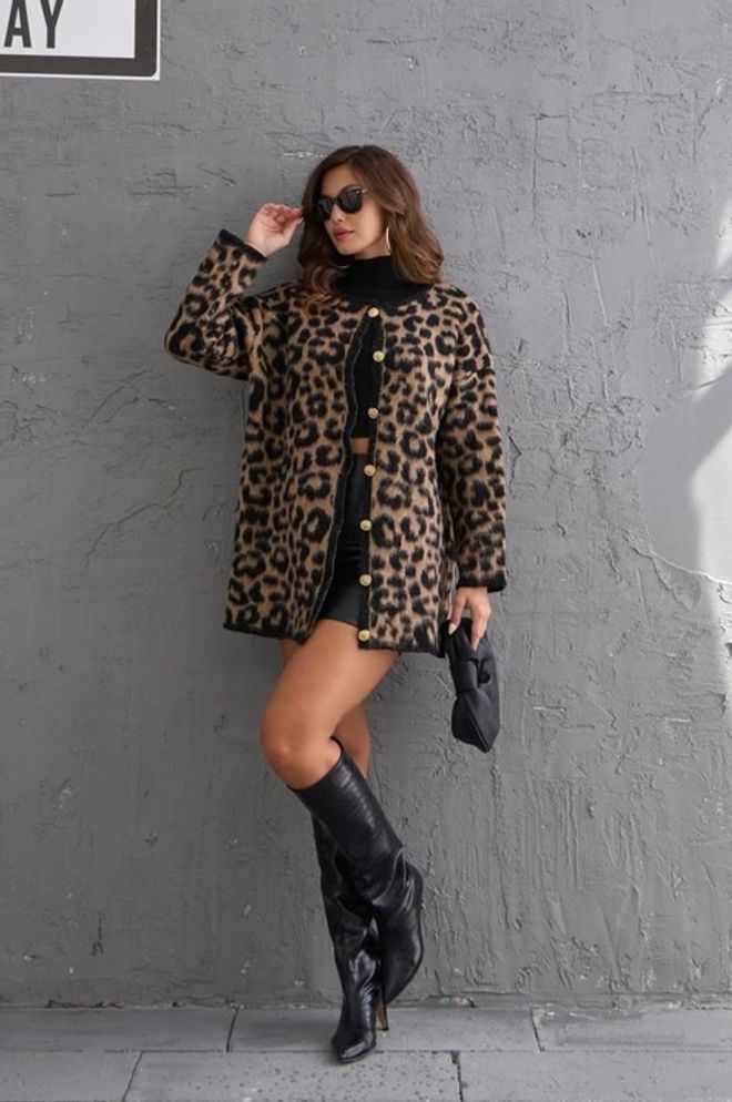 Velvet Brown Leopard Print Casual Cardigan Wholesale Clothing Casual