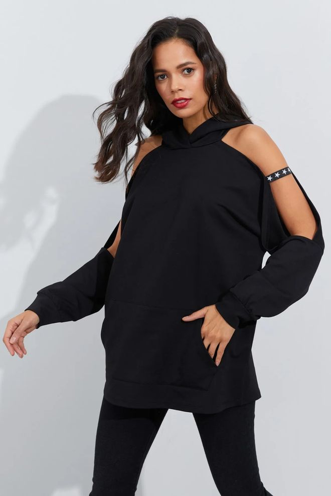 Velvet Felpa Nera Con Cappuccio Oversize Abbigliamento all'ingrosso Casuale