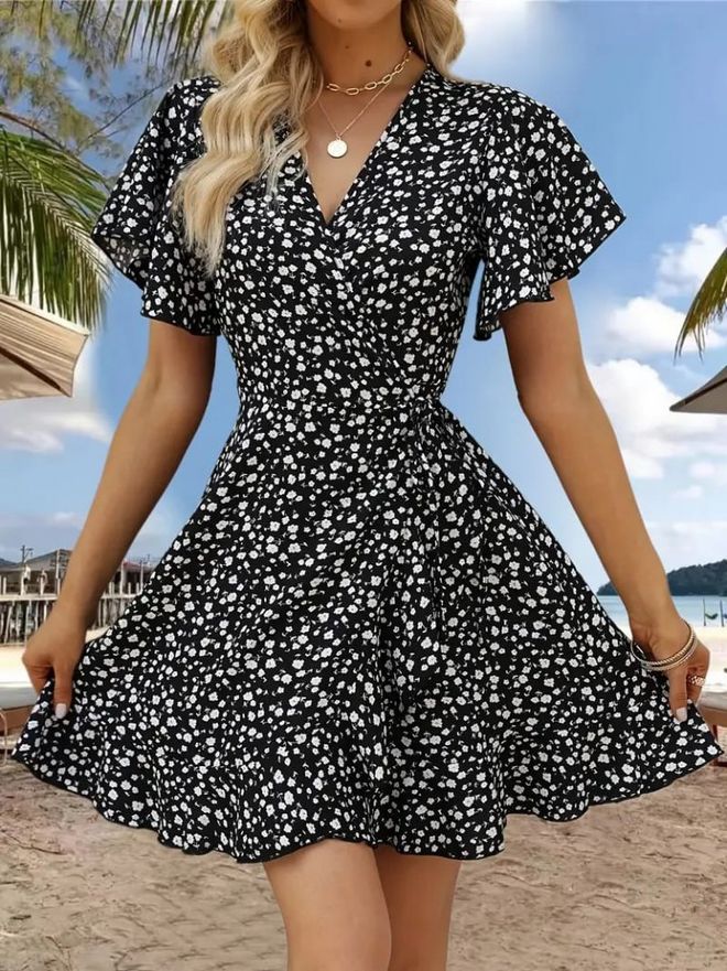 Velvet Vestito Mini Nero Floreale A Portafoglio Con Maniche Svolazzanti Abbigliamento all'ingrosso Casuale