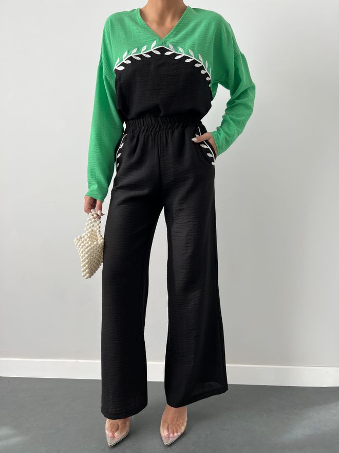 Velvet Conjunto Palazzo Verde Elegante Con Escote En V Y Bolsillos Oblicuos Ropa al por mayor Modesto