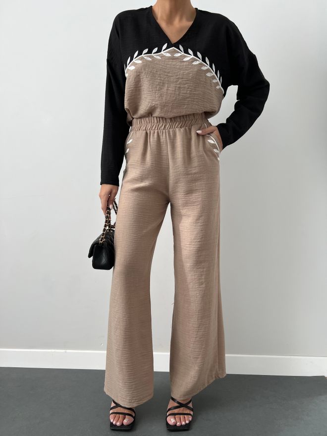 Velvet Conjunto Beige Elegante Casual Con Pantalón Palazzo Ropa al por mayor Modesto