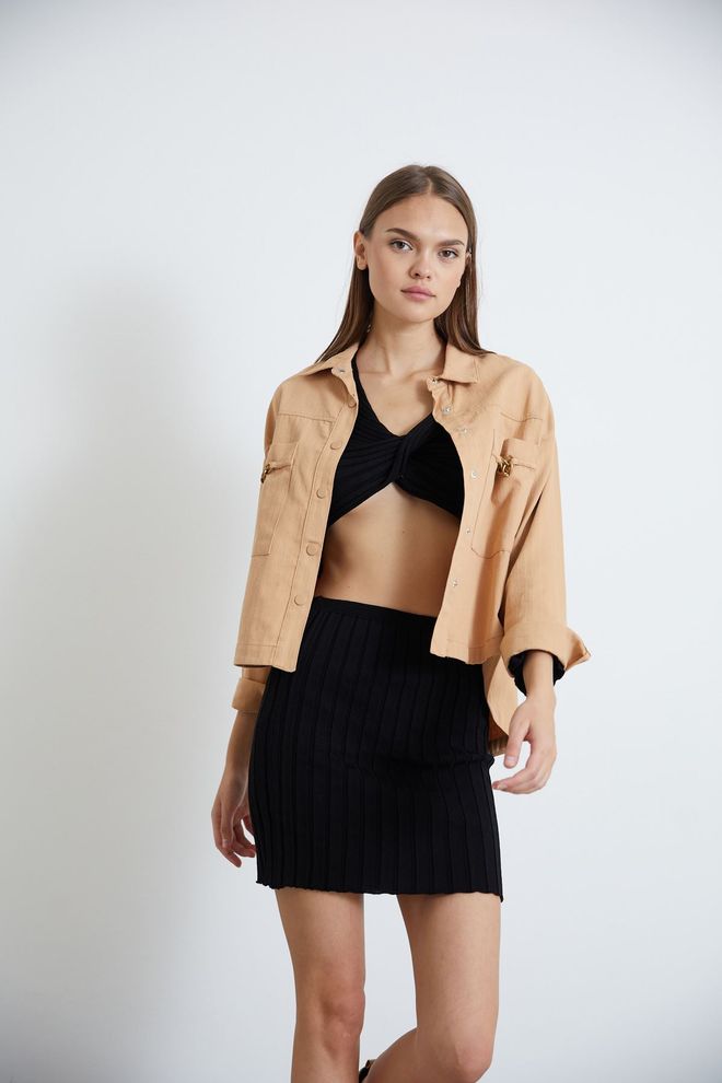 Velvet Beige Casual Oversized Shirt Met Geribbelde Hals Groothandel Kleding Casual