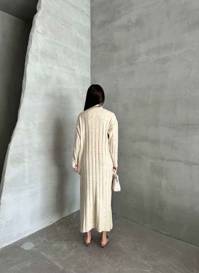 Velvet Beige Gestreepte Sweater Maxi Jurk Met Hoge Hals Groothandel Kleding Bescheiden