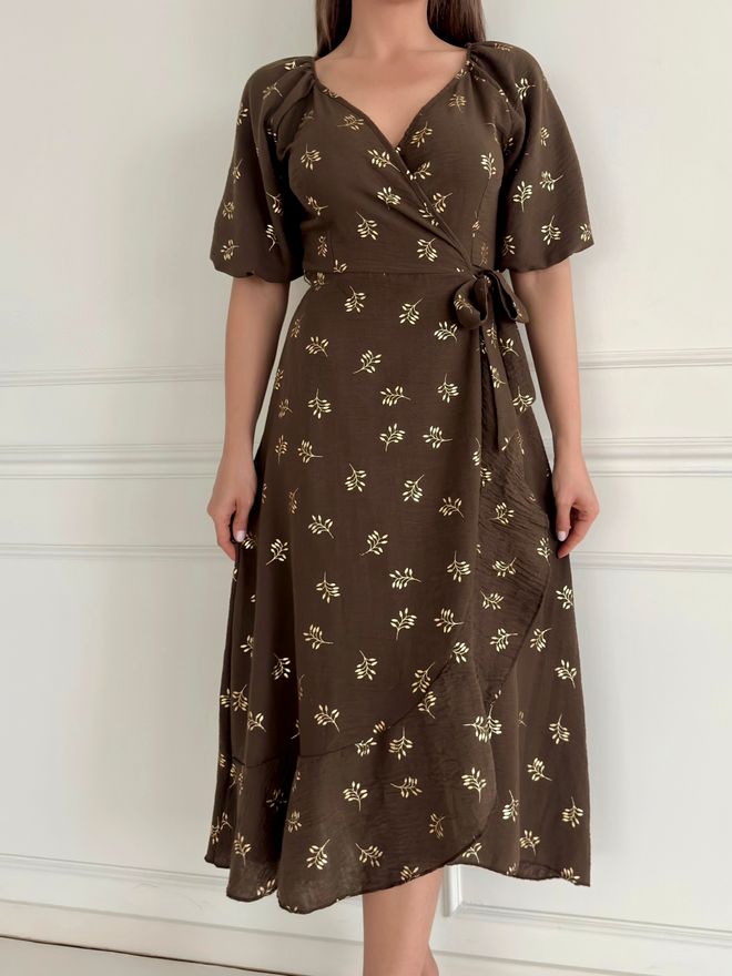 Velvet Elegante Bruine Wikkeljurk Met Bloemmotief Groothandel Kleding Casual