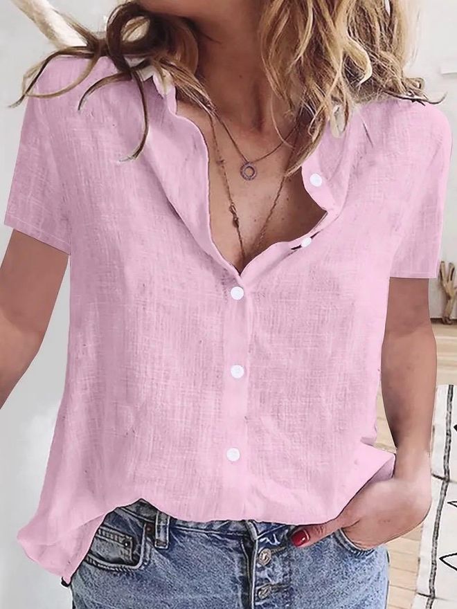 Velvet Roze Casual Shirt Met Knopen En Geribbelde Hals Groothandel Kleding Casual