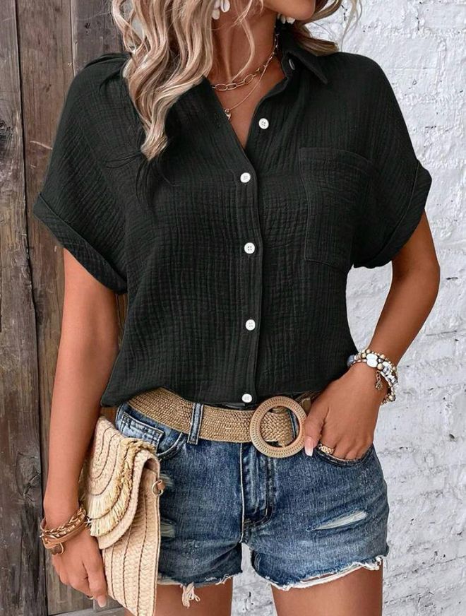 Velvet Zwart Shirt Met Sjaalkraag En Knopen In Casual Stijl Groothandel Kleding Casual