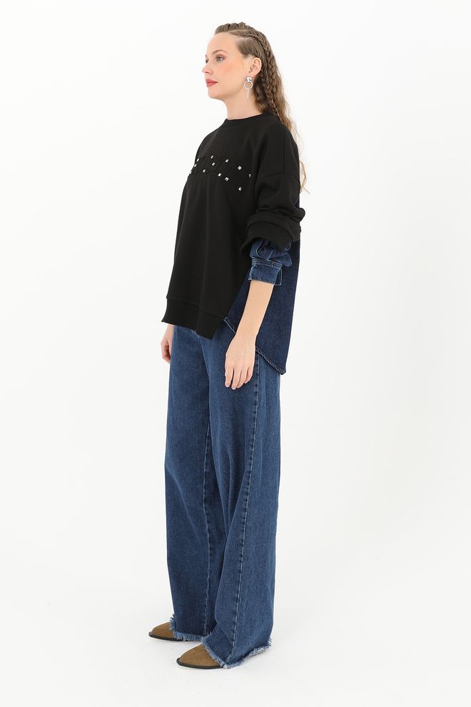 Velvet Zwarte Sweatshirt Met Oversized Pasvorm En Ronde Nek Groothandel Kleding Casual
