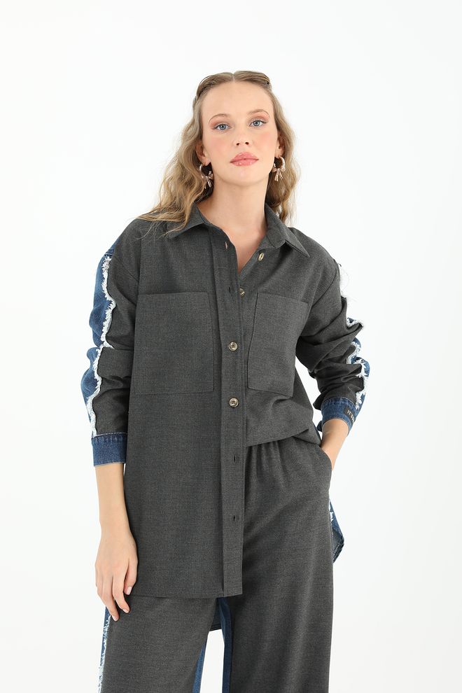 Velvet Grijs Casual Streetwear Shirt Met Lange Mouwen Groothandel Kleding Casual
