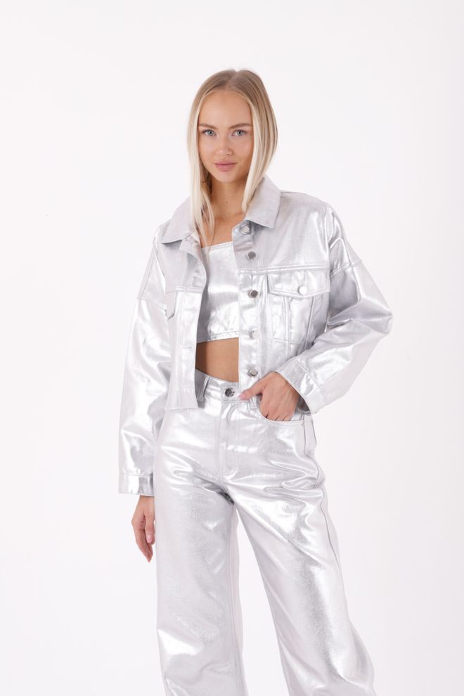 XLove Kurze Übergroße Jeansjacke – Silber Großhandelskleidung Lässig