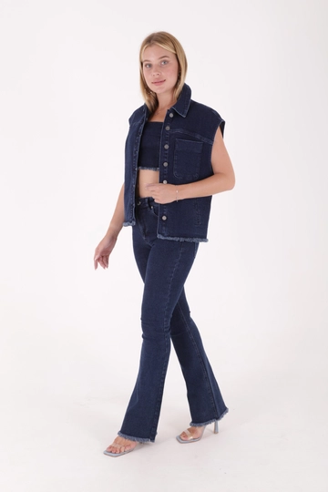 A wholesale clothing model wears  Buttoned Front Tasseled Denim Vest - Dark Blue
, Turkish wholesale Vest of XLove