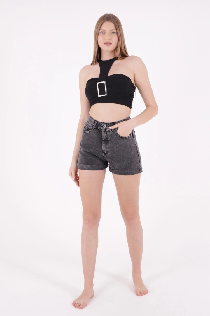 A wholesale clothing model wears 37362 - Denim Shorts - Anthracite, Turkish wholesale Denim Shorts of XLove