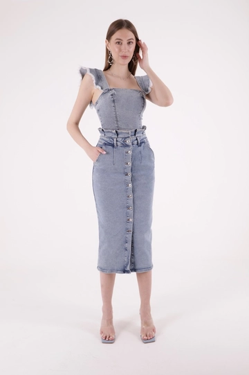 A wholesale clothing model wears  Denim Skirt - Light Blue
, Turkish wholesale Skirt of XLove
