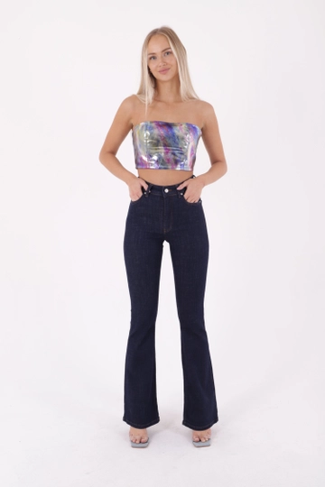 A wholesale clothing model wears  High Waist And Wide Leg Skinny Jean - Navy Blue
, Turkish wholesale Jeans of XLove