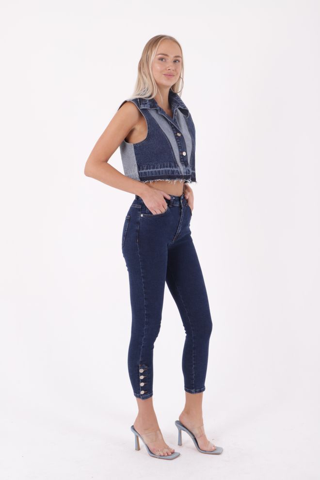 XLove High Waist Skinny Jean With Four Buttons At The Bottom Dark Blue Wholesale Clothing Summer