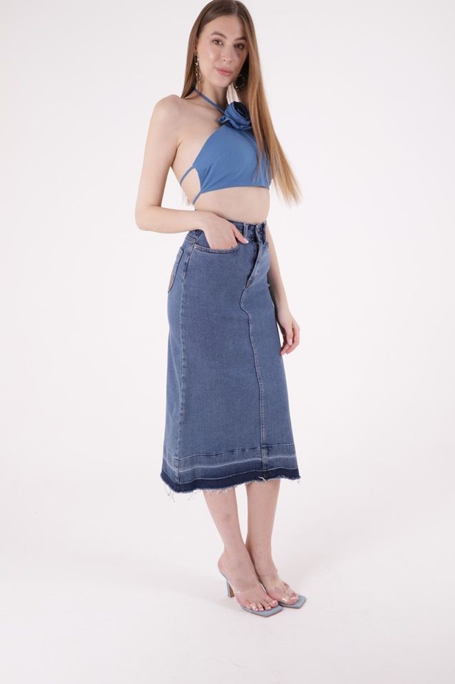 XLove Saia Longa Jeans Bordada Com Bolso Traseiro Roupas por atacado Algodão