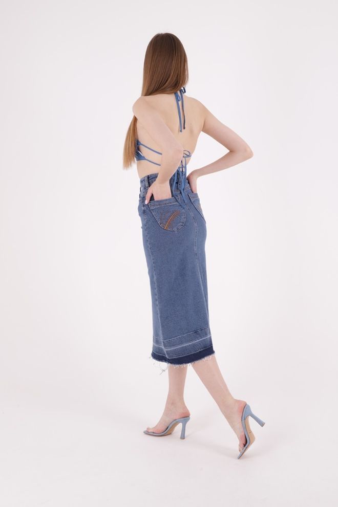 XLove Saia Longa Jeans Bordada Com Bolso Traseiro Roupas por atacado Aniversário