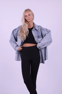 A wholesale clothing model wears xlo10189-piece-colored-washed-denim-jacket, Turkish wholesale Jacket of XLove
