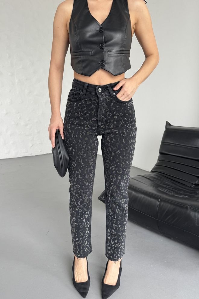 XLove Jeans Leopard Stone Mom Fit Vêtements en gros Décontracté