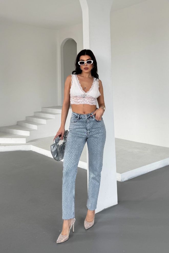 XLove جينز موم فيت مرصع بالأحجار ملابس بالجملة قطن