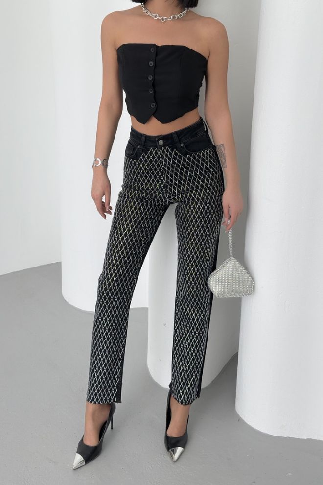 XLove جينز موم فيت مرصع بالأحجار ملابس بالجملة الإيلاستين