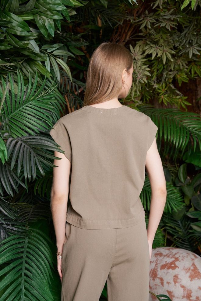 XLove Khaki Blouse With V Neck Sleeveless Cap Sleeve Wholesale Clothing Boho