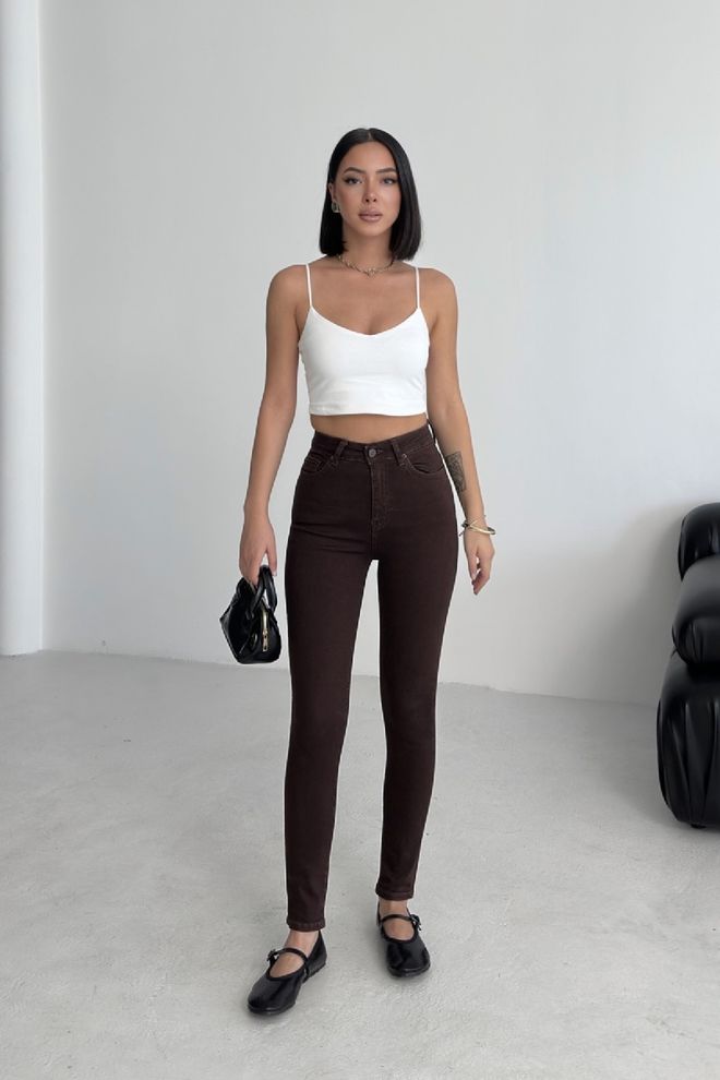 XLove Brown Mom Jeans High Waist Skinny Leg Buttoned Wholesale Clothing Work