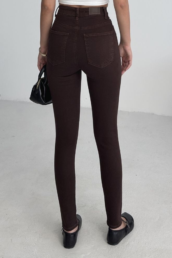 XLove Brown Mom Jeans High Waist Skinny Leg Buttoned Wholesale Clothing 5