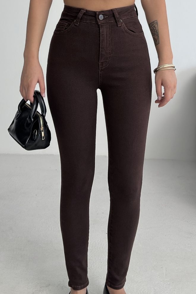 XLove Brown Mom Jeans High Waist Skinny Leg Buttoned Wholesale Clothing Sexy