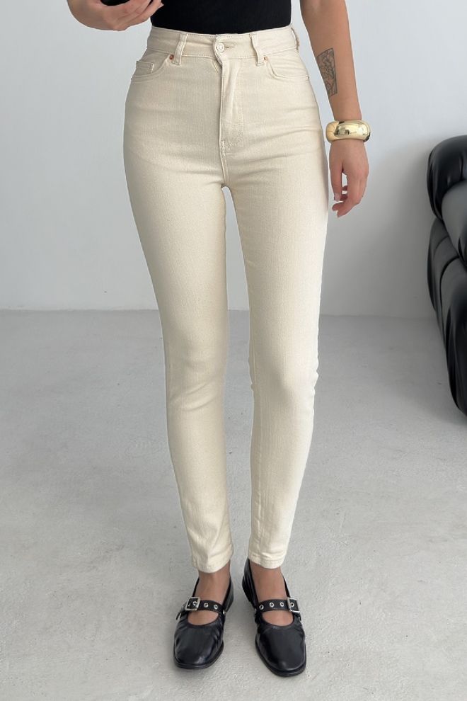 XLove Bej Mom Kot Pantolon Yüksek Bel Skinny Paça Toptan Giyim Gündelik