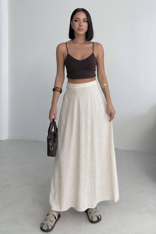 XLove Beige High Waist Flared Maxi Skirt Wholesale Clothing Modest