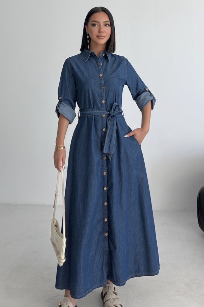 XLove Modra Skromna Casual Elegantna Formalna Majica Maxi Obleka Oblačila na debelo Lounge