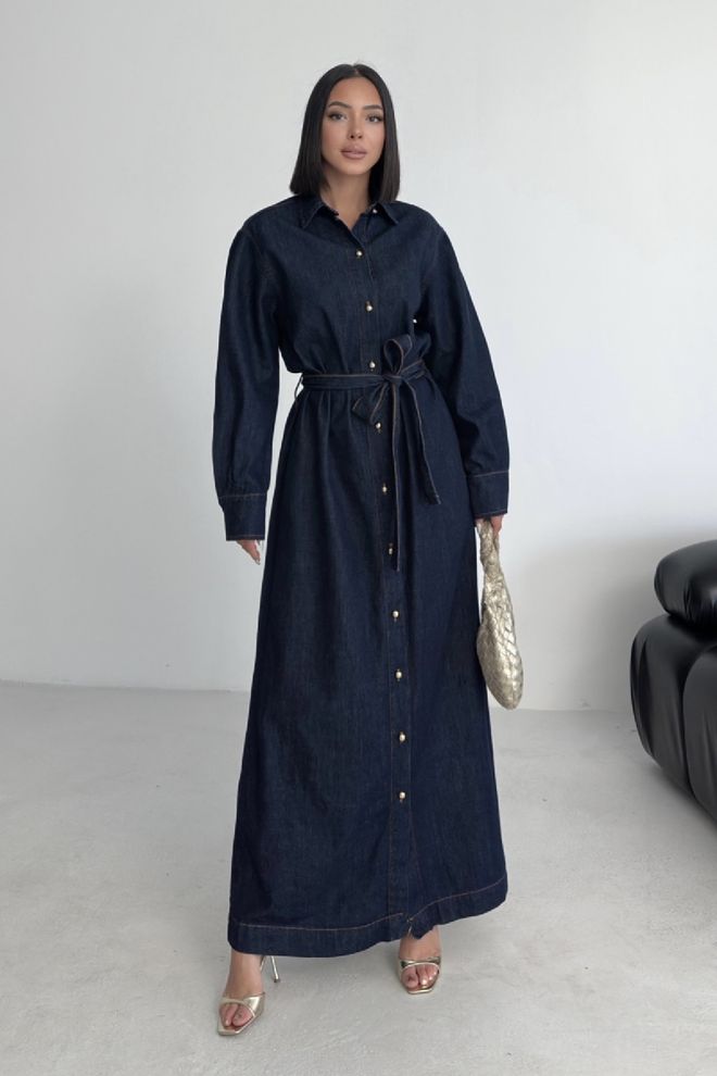 XLove Темно синее Скромное Платье рубашка До Пола Оптовая продажа одежды Повседневный