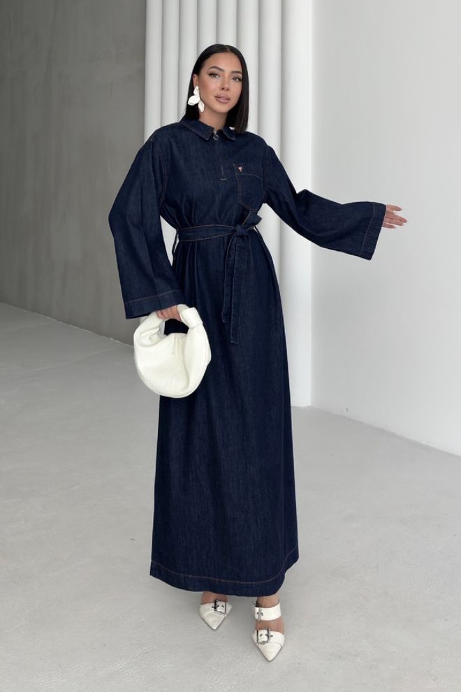 XLove Navy Blue Elegant Floor Length Shirt Dress Wholesale Clothing Modest