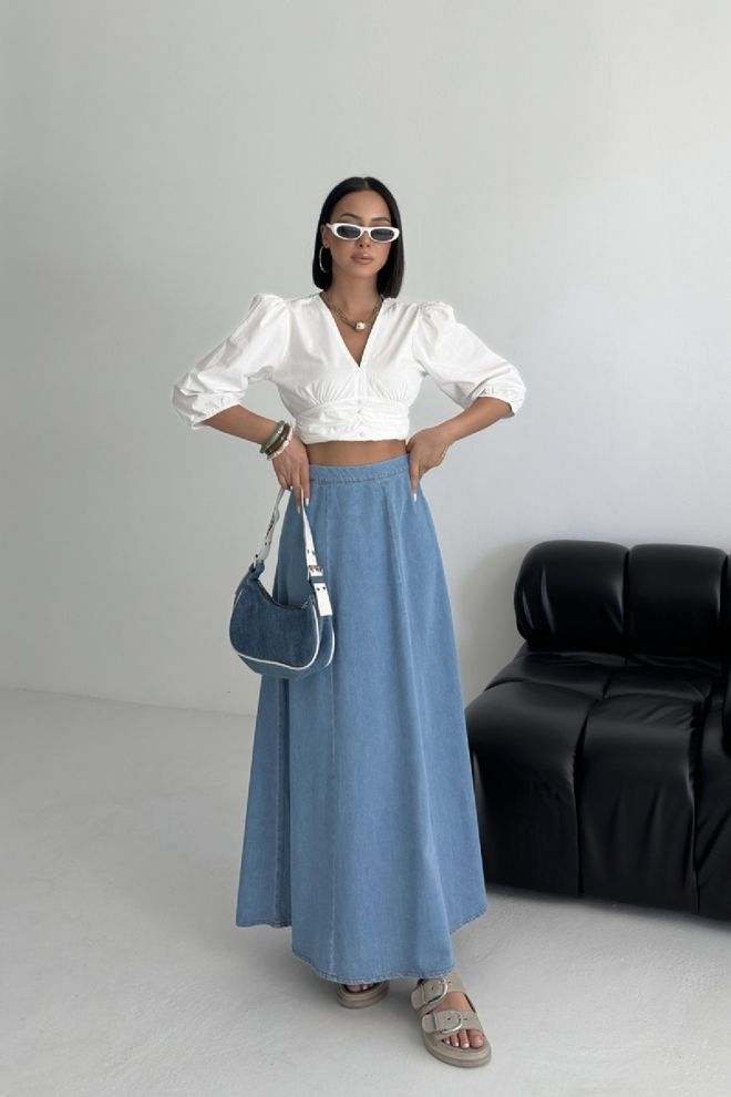 XLove Blue A Line Maxi Skirt With Mid Waist Pull On Closure Wholesale Clothing Work