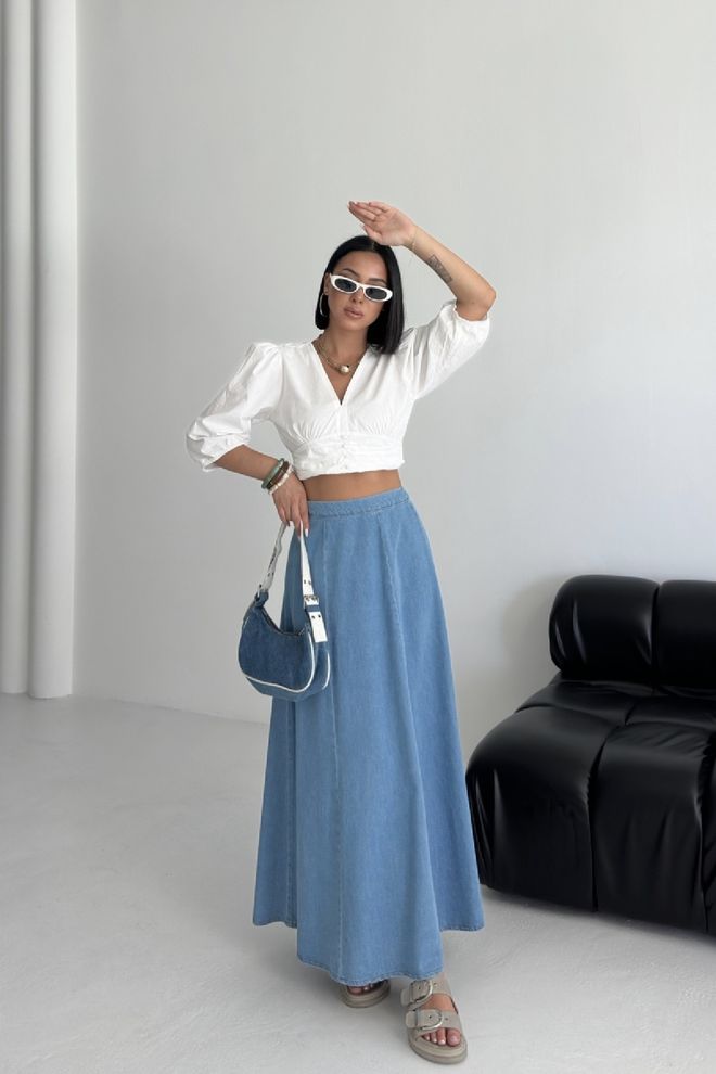 XLove Blue A Line Maxi Skirt With Mid Waist Pull On Closure Wholesale Clothing 5