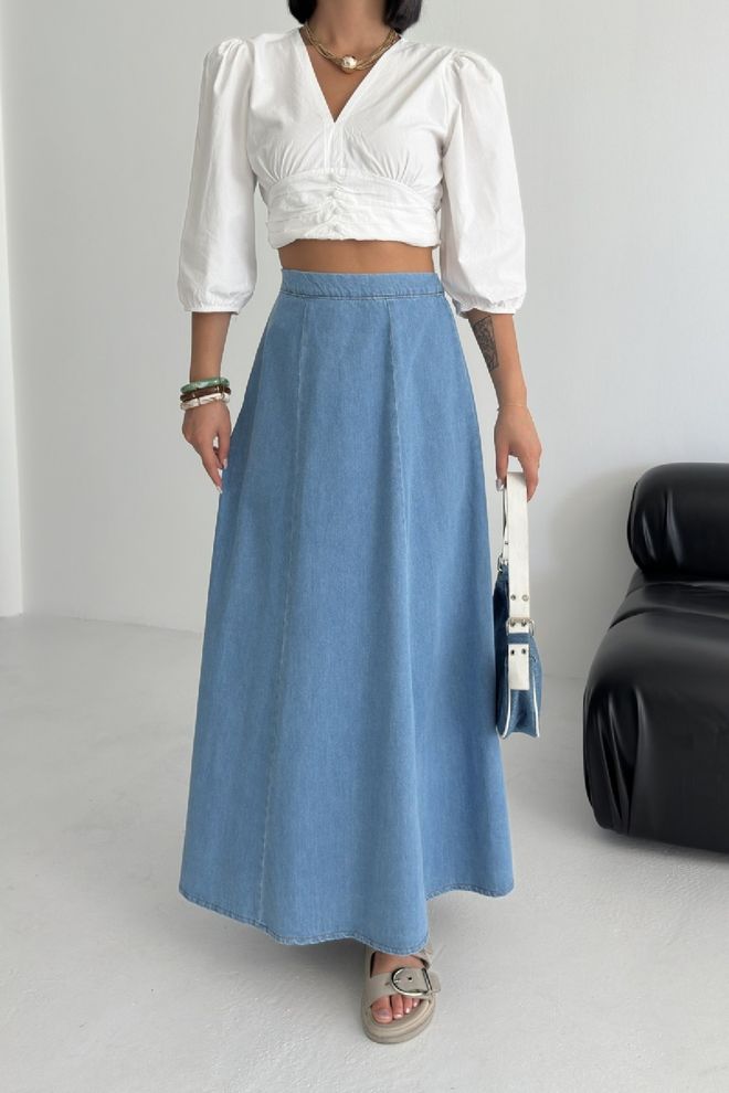 XLove Blauer A Linie Maxi Rock Mit Mittlerer Taille Und Pull On Verschluss Großhandelskleidung Lässig