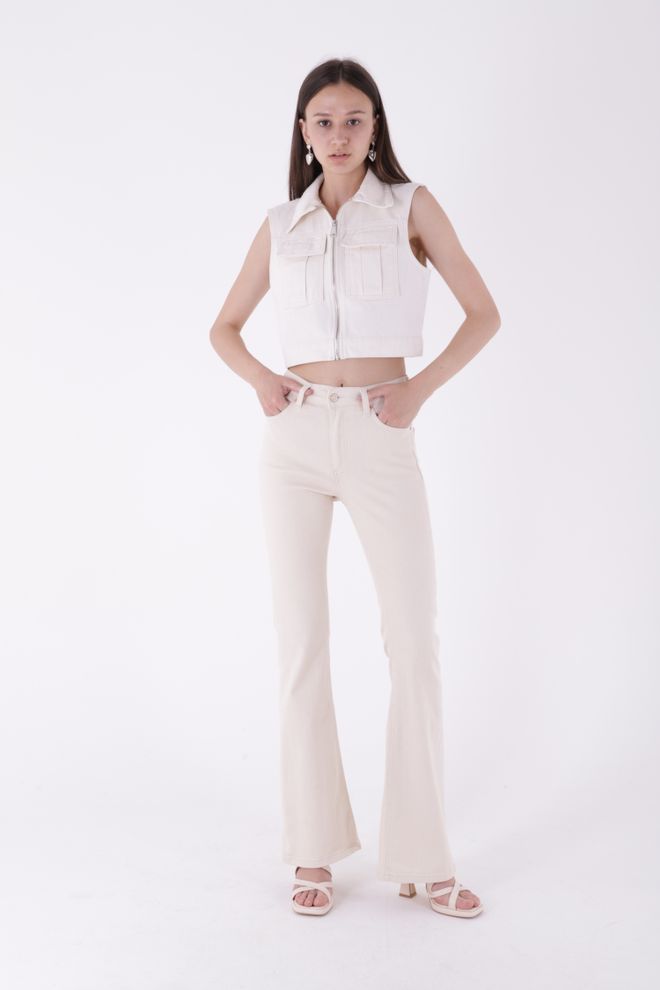XLove High Waist Flare Leg Skinny Jeans Κρέμα Χονδρικό εμπόριο ενδυμάτων Casual