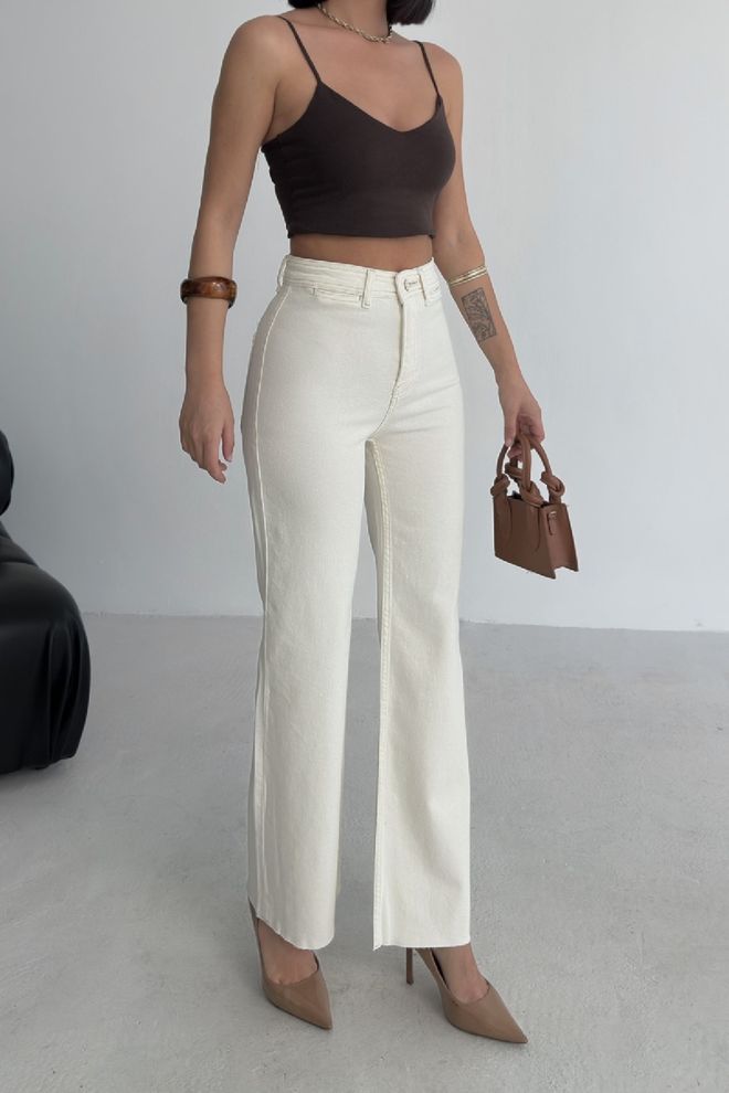 XLove Jeans Palazzo A Gamba Larga Con Dettaglio Tasca Decorativa Crema Abbigliamento all'ingrosso Primavera