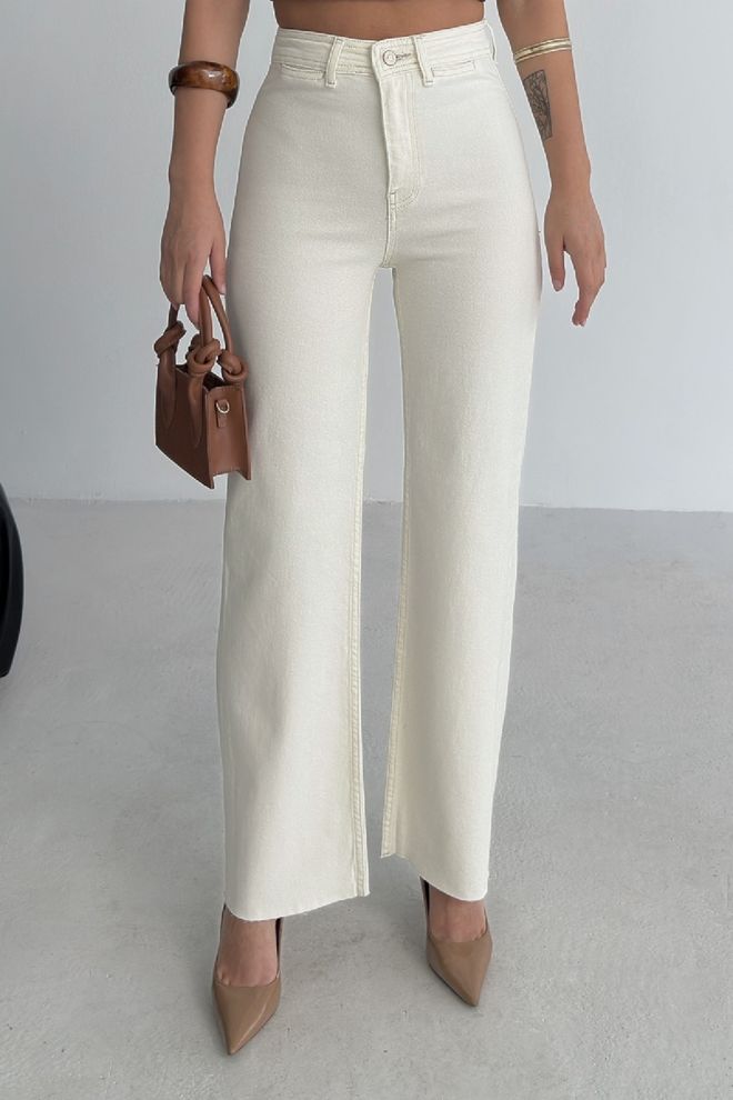 XLove Jeans Palazzo A Gamba Larga Con Dettaglio Tasca Decorativa Crema Abbigliamento all'ingrosso Cotone