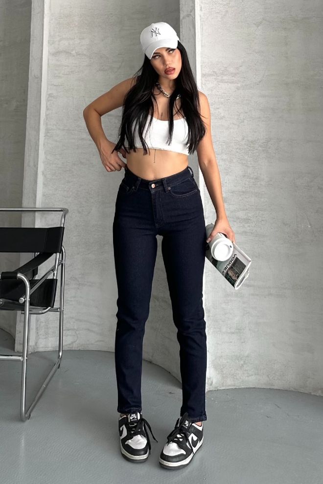 XLove Mėlyni Mom Džinsai Su Aukštu Juosmeniu Ir Užsegimu Mygtukais Didmeninė prekyba drabužiais Čiuožėjos