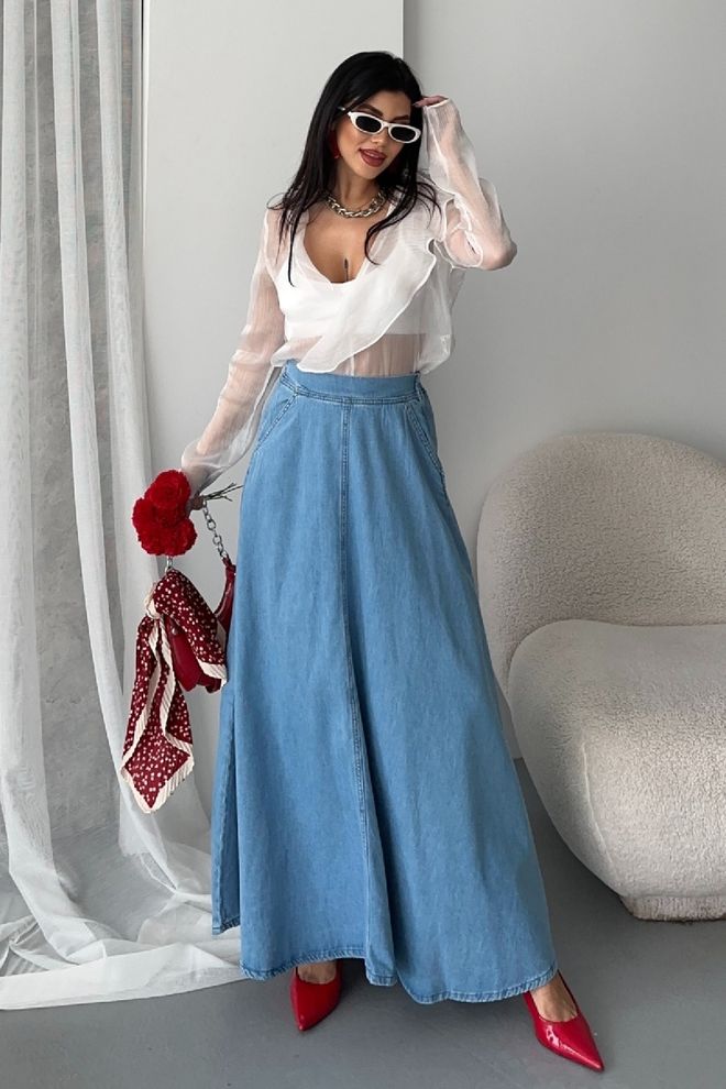 XLove Blue A Line Maxi Skirt With High Waist And Slant Pocket Wholesale Clothing Casual