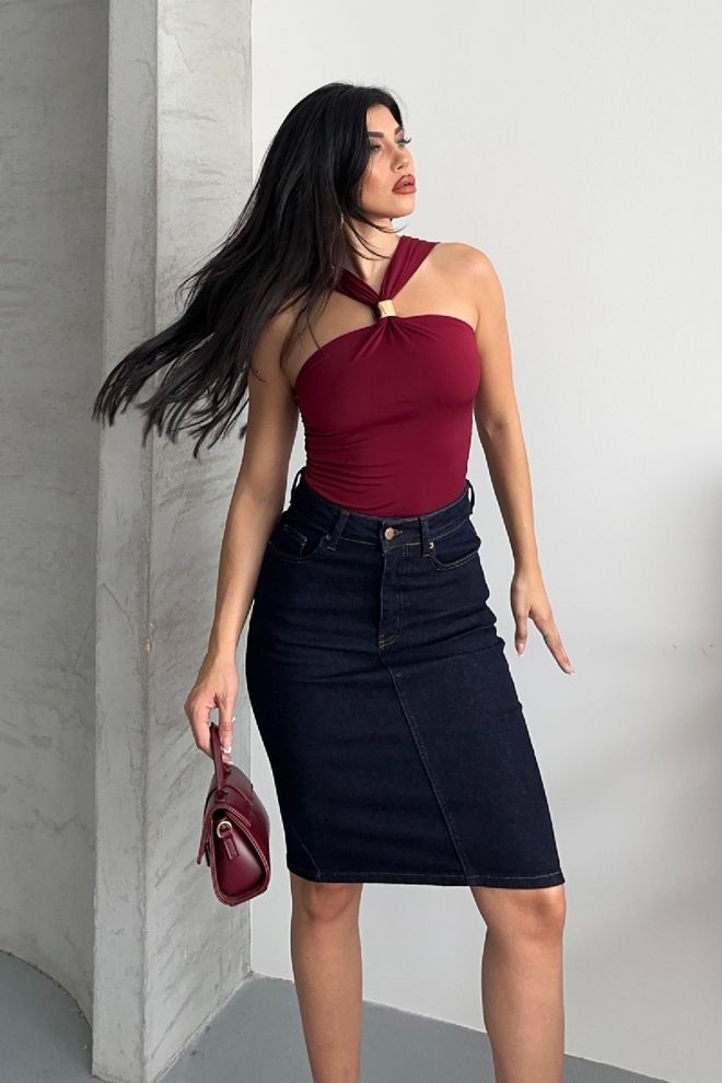 XLove Blaue Elegante Bleistift Midi Rock Mit Knopfverschluss Großhandelskleidung Lässig